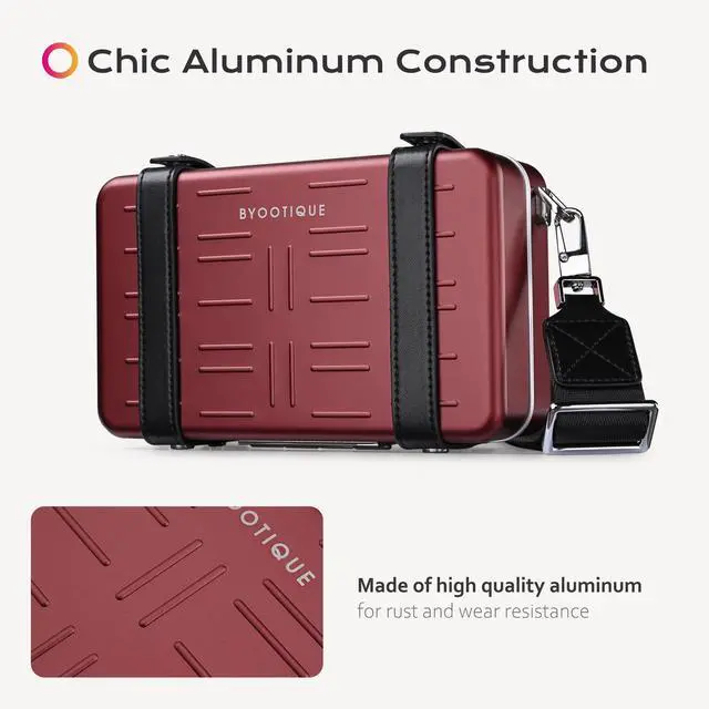 Alt view image 2 of 7 - Byootique Mini Suitcase Crossbody Bag Portable Hard Shell Aluminum Cosmetic Makeup Case with Adjustable Strap Travel Handbag for Makeup Artist,Red