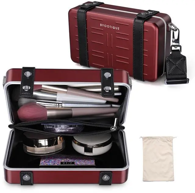 Main image of Byootique Mini Suitcase Crossbody Bag Portable Hard Shell Aluminum Cosmetic Makeup Case with Adjustable Strap Travel Handbag for Makeup Artist,Red