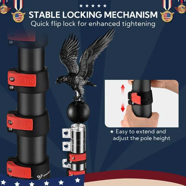 Alt view image 3 of 7 - Yescom EZ GO 20ft Eagle Topper Telescopic Flag Pole Kit Upgraded Rotating Lock Outside 3x5' US Flag Ball Final Black