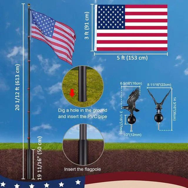 Alt view image 7 of 7 - Yescom EZ GO 20ft Eagle Topper Telescopic Flag Pole Kit Upgraded Rotating Lock Outside 3x5' US Flag Ball Final Black