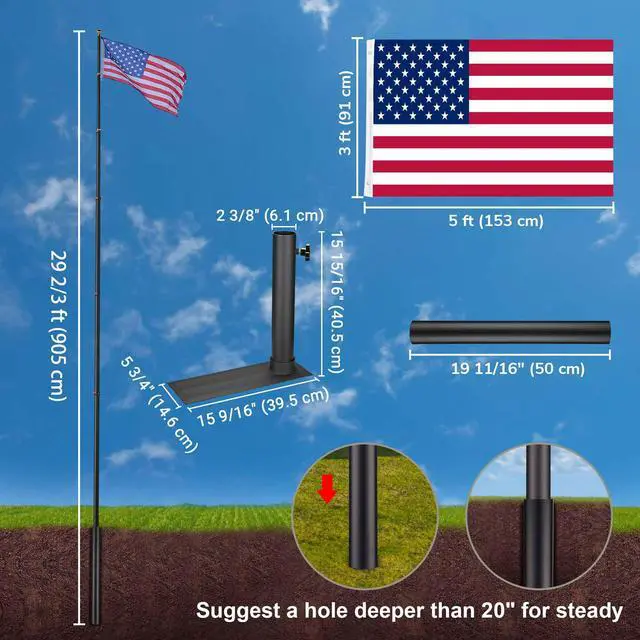 Alt view image 4 of 7 - Yescom EZ GO 30ft Telescopic Flag Pole Kit Wheel Tire Mount Stand Upgrade Rotating Lock Outdoor Camper RV Tailgate Black