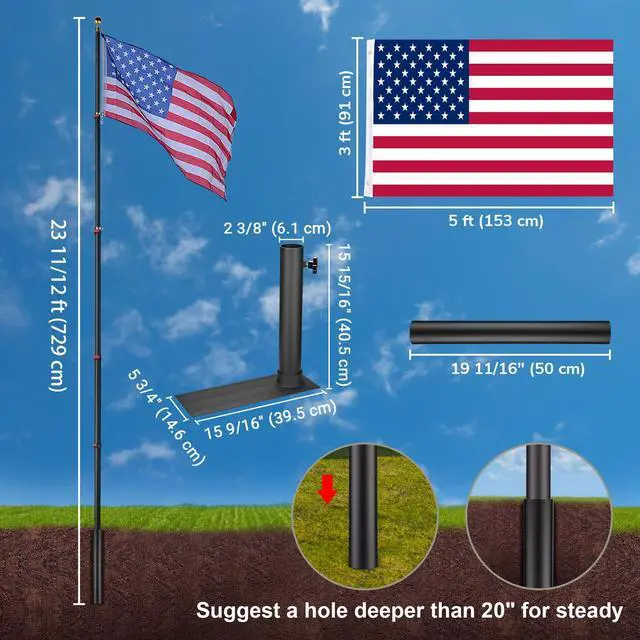 Alt view image 7 of 7 - Yescom EZ GO 25ft Telescopic Flag Pole Kit Wheel Tire Mount Stand Upgrade Rotating Lock Outdoor Camper RV Tailgate Black
