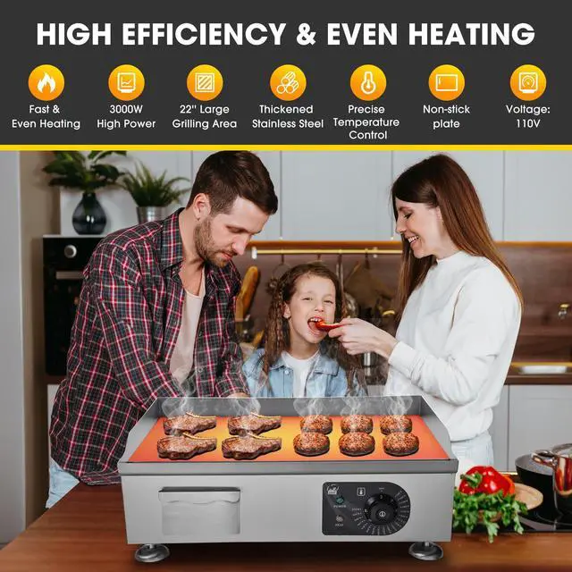 Alt view image 7 of 7 - WeChef 3000W 22" Electric Griddle Countertop Commercial Flat Top Hot Plate Restaurant BBQ Grill