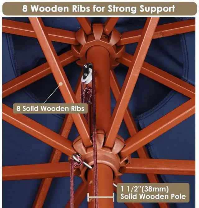 Alt view image 6 of 7 - Yescom 9FT Wooden Patio Umbrella UV30+ for Beach Pool Wedding Party Table Market Garden Yard Hotel Deck Cafe Navy