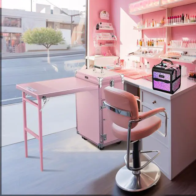 Alt view image 7 of 7 - Byootique Rolling Nail Table Kit w/ Makeup Case Cosmetic Organizer Aluminum Pink