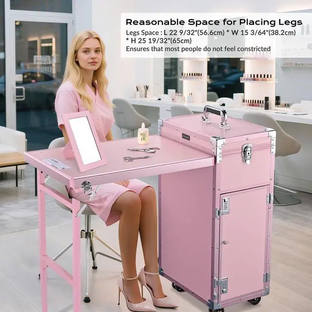 Alt view image 7 of 7 - Byootique Nail Desk Mobile Station Rolling Makeup Train Case Manicure Table with Telescopic Handle, Pink