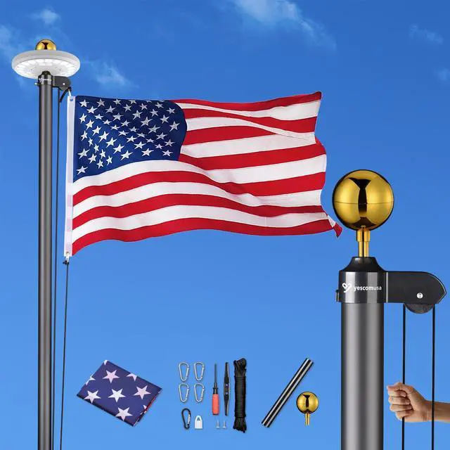 Alt view image 2 of 7 - Yescom Bravery 20ft Sectional Flag Pole with Solar Light for Outside House Inground Yard Residential Black