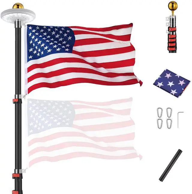 Main image of EZ GO 30 Ft Telescopic Flag Pole Kit with 26 LED Solar Light US Flag Ball Top