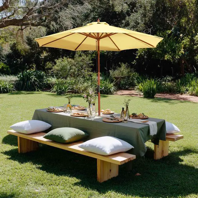 Alt view image 2 of 7 - Yescom 9FT Wooden Patio Umbrella UV30+ for Beach Pool Wedding Party Table Market Garden Yard Hotel Deck Cafe Yellow