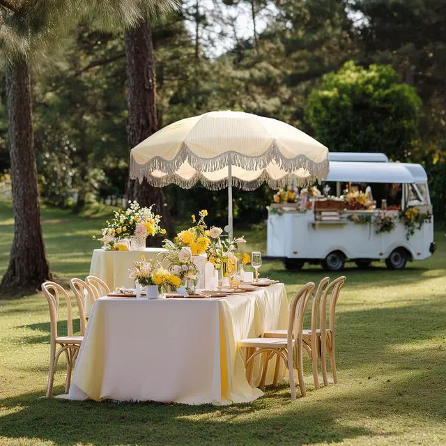 Alt view image 2 of 7 - LAGarden 6Ft Fringe Patio Umbrella with Push Button Tilt Carry Bag UV30+ Outdoor Beach Yard Pool Party Deck Yellow Stripe