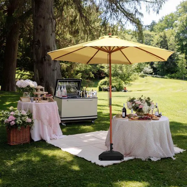 Alt view image 5 of 7 - Yescom 9ft Solid Wood Outdoor Patio Umbrella with Base Included Parasol Wheels Stand for Bistro Market Garden Deck Yard Poolside Yellow