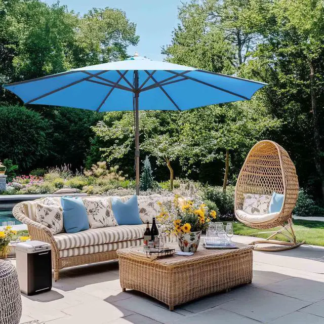 Alt view image 2 of 7 - Yescom 13FT Large Outdoor Patio Umbrella UV30+ Wood 8 Rib Pole for Table Beach Yard Garden Wedding Deck Cafe Pool Blue