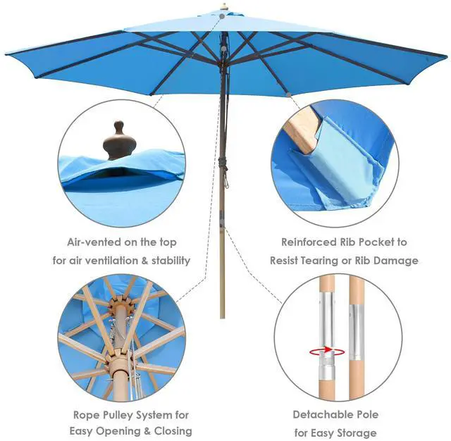 Alt view image 5 of 7 - Yescom 13FT Large Outdoor Patio Umbrella UV30+ Wood 8 Rib Pole for Table Beach Yard Garden Wedding Deck Cafe Pool Blue