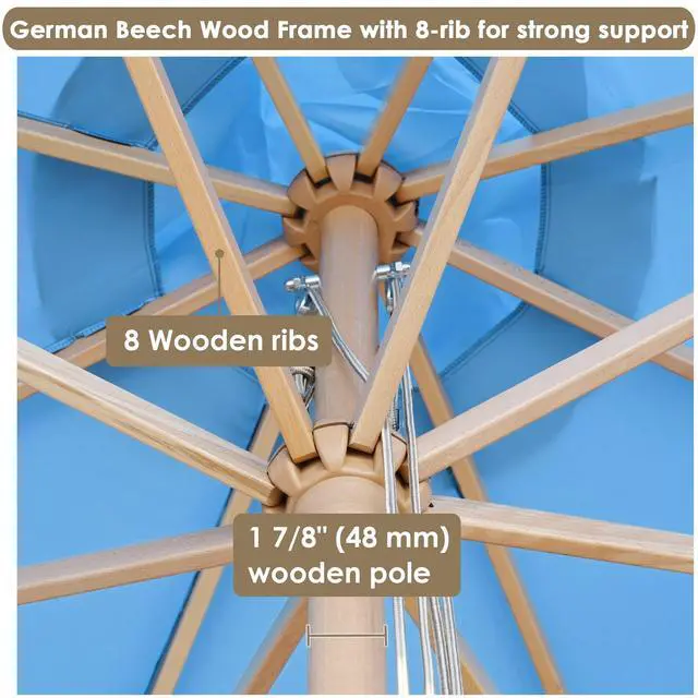 Alt view image 6 of 7 - Yescom 13FT Large Outdoor Patio Umbrella UV30+ Wood 8 Rib Pole for Table Beach Yard Garden Wedding Deck Cafe Pool Blue