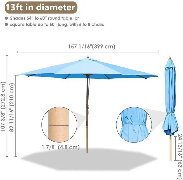Alt view image 7 of 7 - Yescom 13FT Large Outdoor Patio Umbrella UV30+ Wood 8 Rib Pole for Table Beach Yard Garden Wedding Deck Cafe Pool Blue