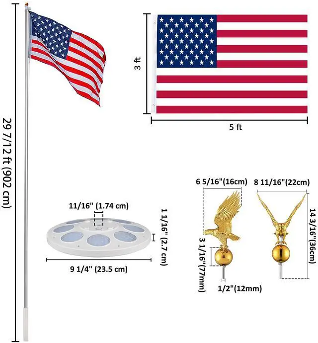 Alt view image 7 of 7 - Yescom Bravery 30ft 13 Gauge Sectional Flag Pole Kit w/ Solar Light Eagle Topper