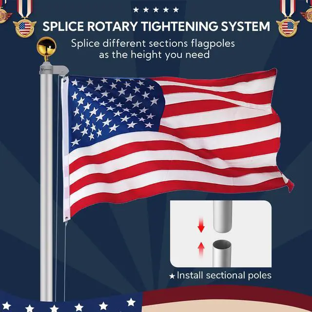 Alt view image 3 of 7 - Yescom Bravery 30ft 13 Gauge Sectional Flag Pole Kit w/ Solar Light Eagle Topper