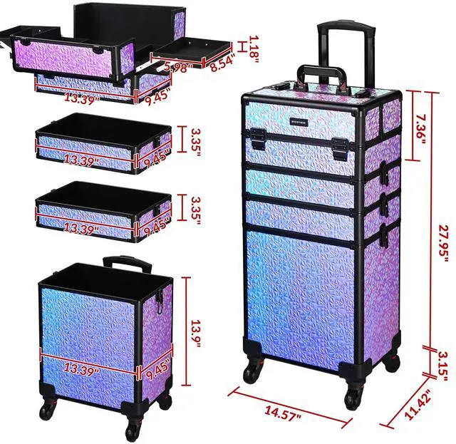 Alt view image 6 of 7 - Byootique Mermaid Purple 4in1 Rolling Makeup Train Case Cosmetic Organizer Wheel