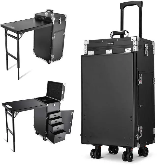 Main image of Byootique Portable Manicure Table Desk for Nail Tech Organizer Rolling Makeup Case with Wheels and Telescopic Handle for Manicurist Technician, Black