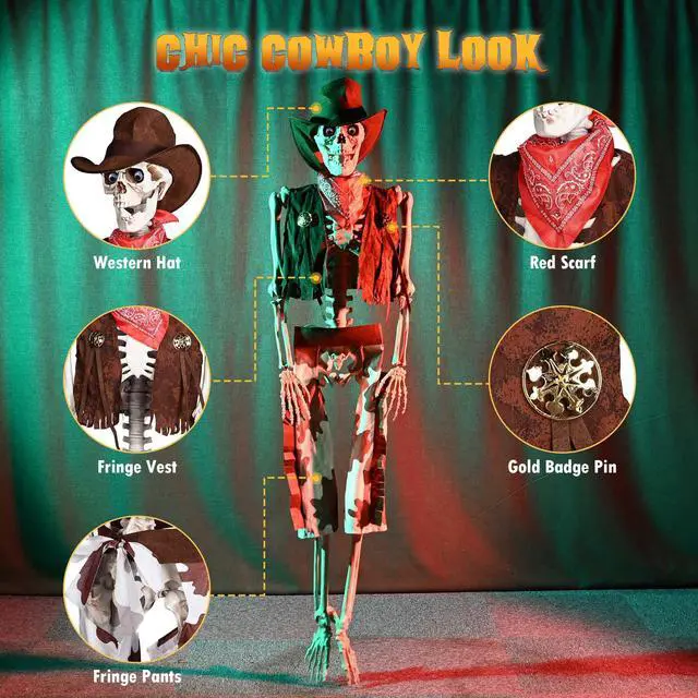 Alt view image 5 of 7 - Yescom 5.4 Ft Life Size Cowboy Skeleton with 4 Pcs Mermaid Skeleton Halloween Decorations Party 2025
