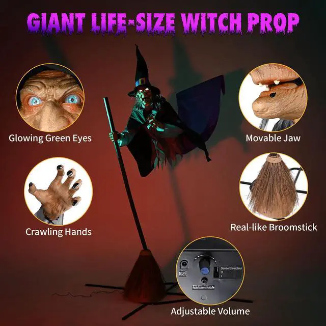 Alt view image 2 of 7 - Yescom 9Ft Animatronics Flying Witch Hovering Broom Animated Halloween Outdoor Decoration Motion Activated AC 110-240V 2025 Party Outdoor Decor