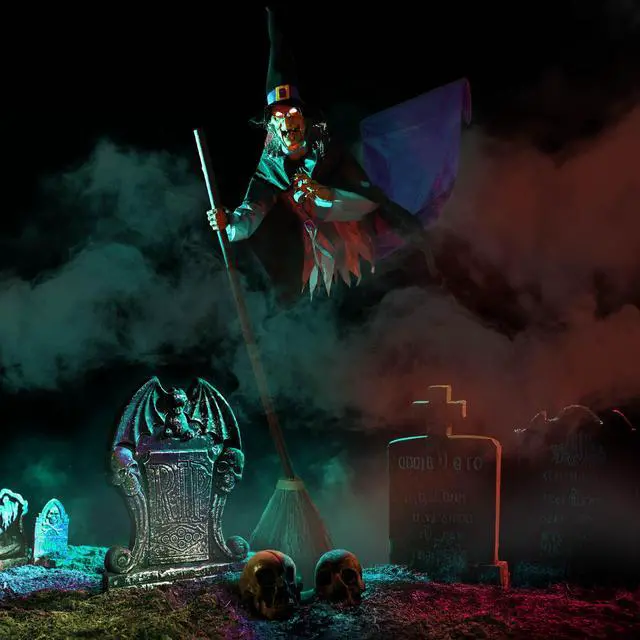 Alt view image 4 of 7 - Yescom 9Ft Animatronics Flying Witch Hovering Broom Animated Halloween Outdoor Decoration Motion Activated AC 110-240V 2025 Party Outdoor Decor