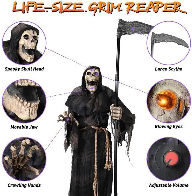 Alt view image 4 of 7 - Yescom Halloween Grim Reaper 6FT Animated with Scythe Motion Activated AC 100V-240V Yard Haunted House Decor 2025