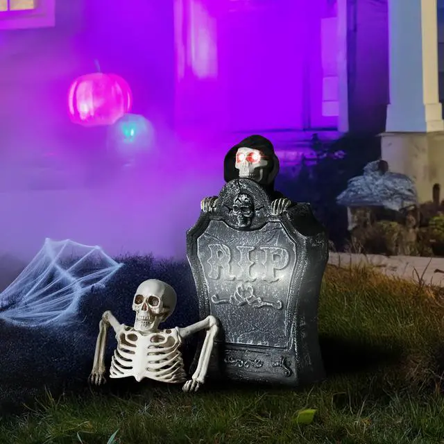 Alt view image 4 of 7 - Yescom Animated Halloween Tombstone Lighted Decor Creepy Voice Pop Up Skull Light Up Eyes with Half Skeleton Outdoor 2025