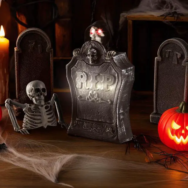 Alt view image 6 of 7 - Yescom Animated Halloween Tombstone Lighted Decor Creepy Voice Pop Up Skull Light Up Eyes with Half Skeleton Outdoor 2025