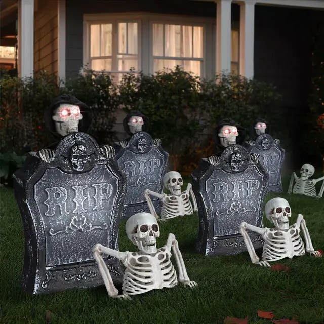 Alt view image 7 of 7 - Yescom Animated Halloween Tombstone Lighted Decor Creepy Voice Pop Up Skull Light Up Eyes with Half Skeleton Outdoor 2025