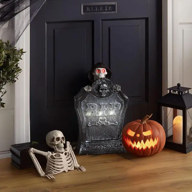 Alt view image 5 of 7 - Yescom Animated Halloween Tombstone Lighted Decor Creepy Voice Pop Up Skull Light Up Eyes with Half Skeleton Outdoor 2025