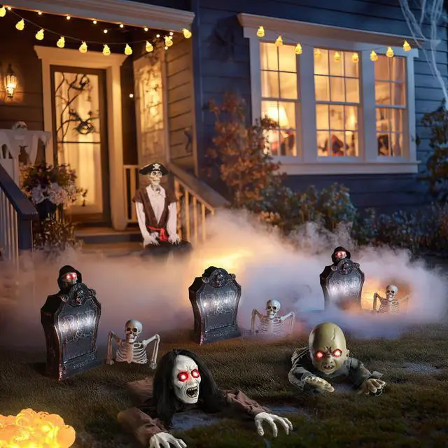 Alt view image 3 of 7 - Yescom 15" Animated Halloween Tombstone & Half Skeleton with 6" Zombie Groundbreaker