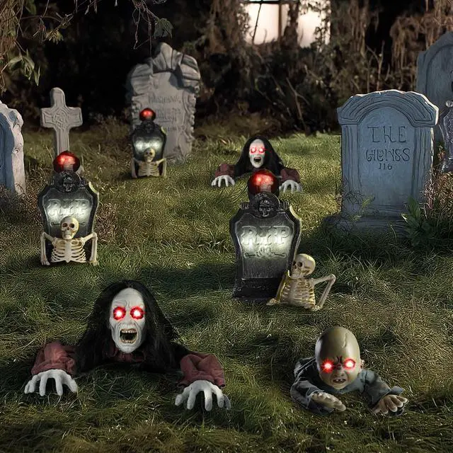 Alt view image 2 of 7 - Yescom 15" Animated Halloween Tombstone & Half Skeleton with 6" Zombie Groundbreaker