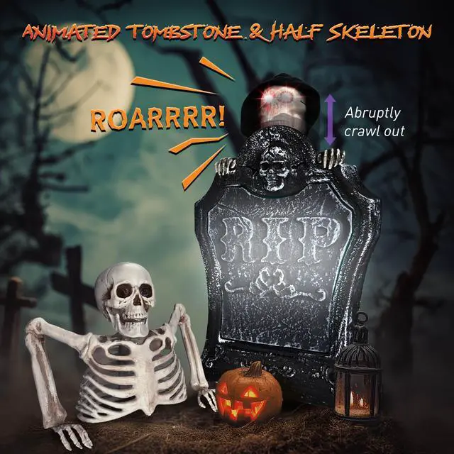 Alt view image 6 of 7 - Yescom 15" Animated Halloween Tombstone & Half Skeleton with 6" Zombie Groundbreaker
