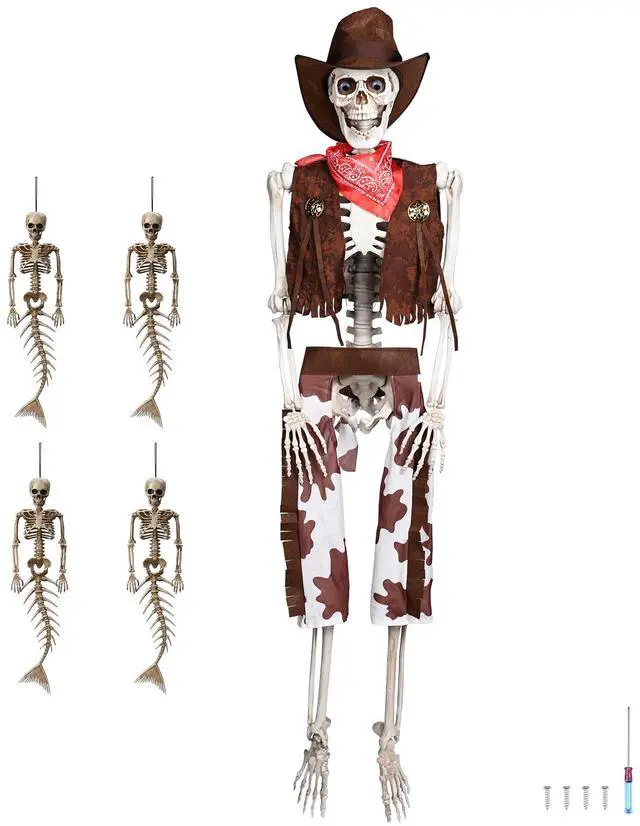 Main image of Yescom 5.4 Ft Life Size Cowboy Skeleton with 4 Pcs Mermaid Skeleton Halloween Decorations Party 2025
