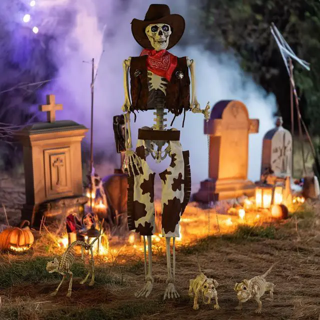 Main image of Yescom 5.4 Ft Life Size Cowboy Skeleton w/ 2 Pcs Dachshund Dog & 1 Pcs Cat Skeleton Party Decorations 2025