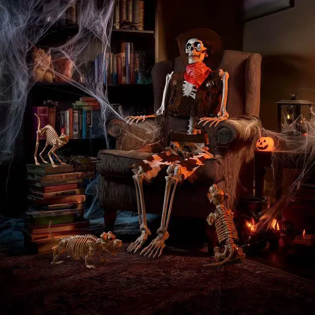 Alt view image 2 of 7 - Yescom 5.4 Ft Life Size Cowboy Skeleton w/ 2 Pcs Dachshund Dog & 1 Pcs Cat Skeleton Party Decorations 2025