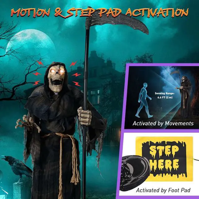 Alt view image 2 of 7 - Yescom Halloween Grim Reaper 6FT Animated with Scythe Motion Activated AC 100V-240V Yard Haunted House Decor 2025