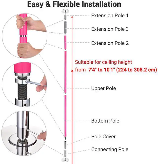 Alt view image 4 of 7 - Yescom 10.1 Ft Static Spinning Dancing Pole Kit 45mm Silicone Party Club Exercise Pink