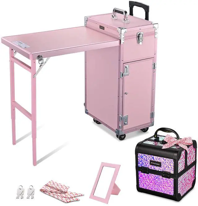 Main image of Byootique Rolling Nail Table Kit w/ Makeup Case Cosmetic Organizer Aluminum Pink