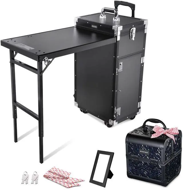 Main image of Byootique Aluminum Rolling Nail Table with Train Case Cosmetic Organizer Black