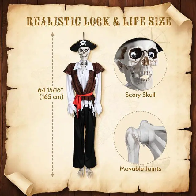Alt view image 2 of 7 - Yescom 5.4Ft Halloween Pirate Captain Skeleton Life Size Human Bone Movable Joints Outdoor Decor 2025