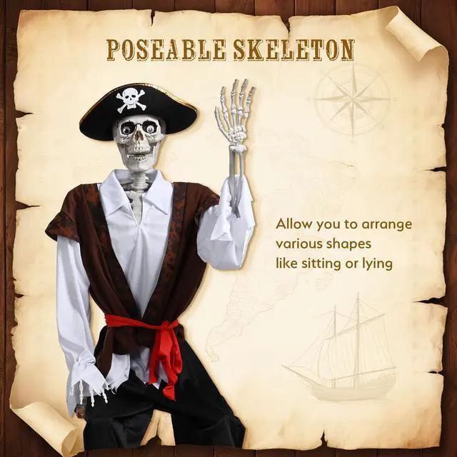 Alt view image 3 of 7 - Yescom 5.4Ft Halloween Pirate Captain Skeleton Life Size Human Bone Movable Joints Outdoor Decor 2025