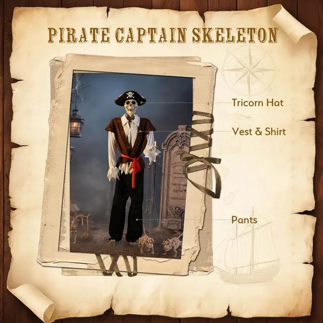Alt view image 4 of 7 - Yescom 5.4Ft Halloween Pirate Captain Skeleton Life Size Human Bone Movable Joints Outdoor Decor 2025