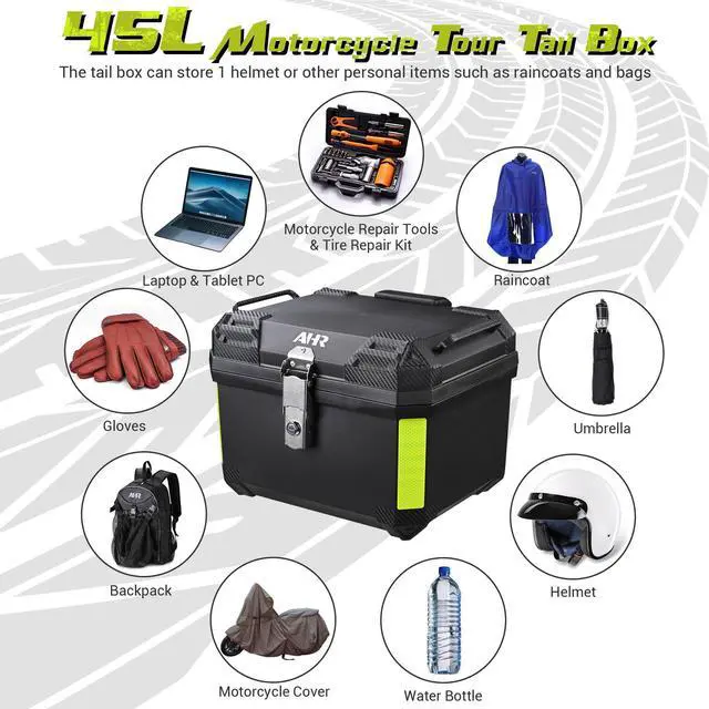 Alt view image 2 of 7 - AHR 45L Universal Motorcycle Tour Tail Box Scooter Trunk Storage Safety Lock