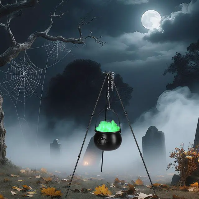 Alt view image 5 of 7 - Yescom Halloween Witches Cauldron 31" Tripod Hanging Black Pot LED Light Adjustable Chain Hook Decoration