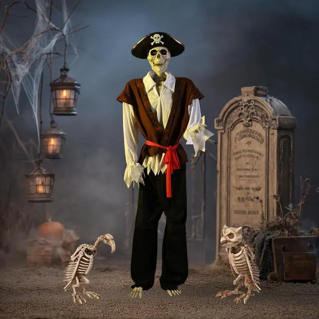 Alt view image 2 of 7 - Yescom 5.4 Ft Pirate Captain Skeleton with Vulture & Owl Skeleton Halloween Decoration 2025