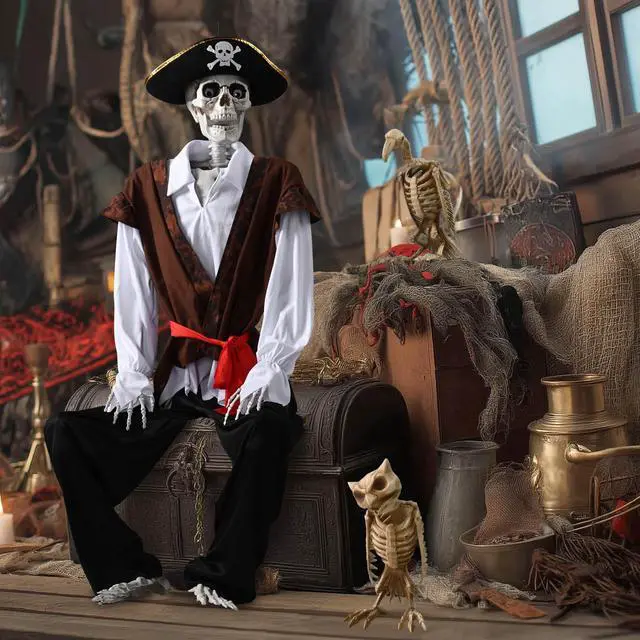 Alt view image 4 of 7 - Yescom 5.4 Ft Pirate Captain Skeleton with Vulture & Owl Skeleton Halloween Decoration 2025