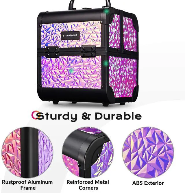 Alt view image 5 of 7 - Byootique Rolling Makeup Train Case 3-Piece Cosmetic Organizer Kit Trolley Organizer Travel Case Lockable Salon Barber Case Traveling Cart Trunk with Wheels for Makeup Artist Trave Nail,Mermaid Pink