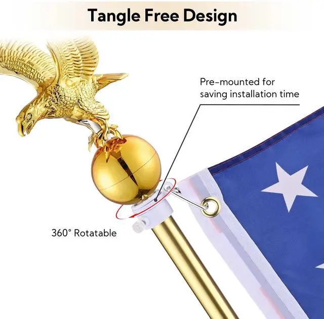 Alt view image 4 of 7 - Yescom 8Ft Indoor Flag Pole Kit Eagle Topper Aluminum Gold Pole w/ Base US Flag 4 Pack